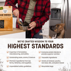 Earth Animal Wisdom Air Dried Dog Food in bowl, savory texture dogs love