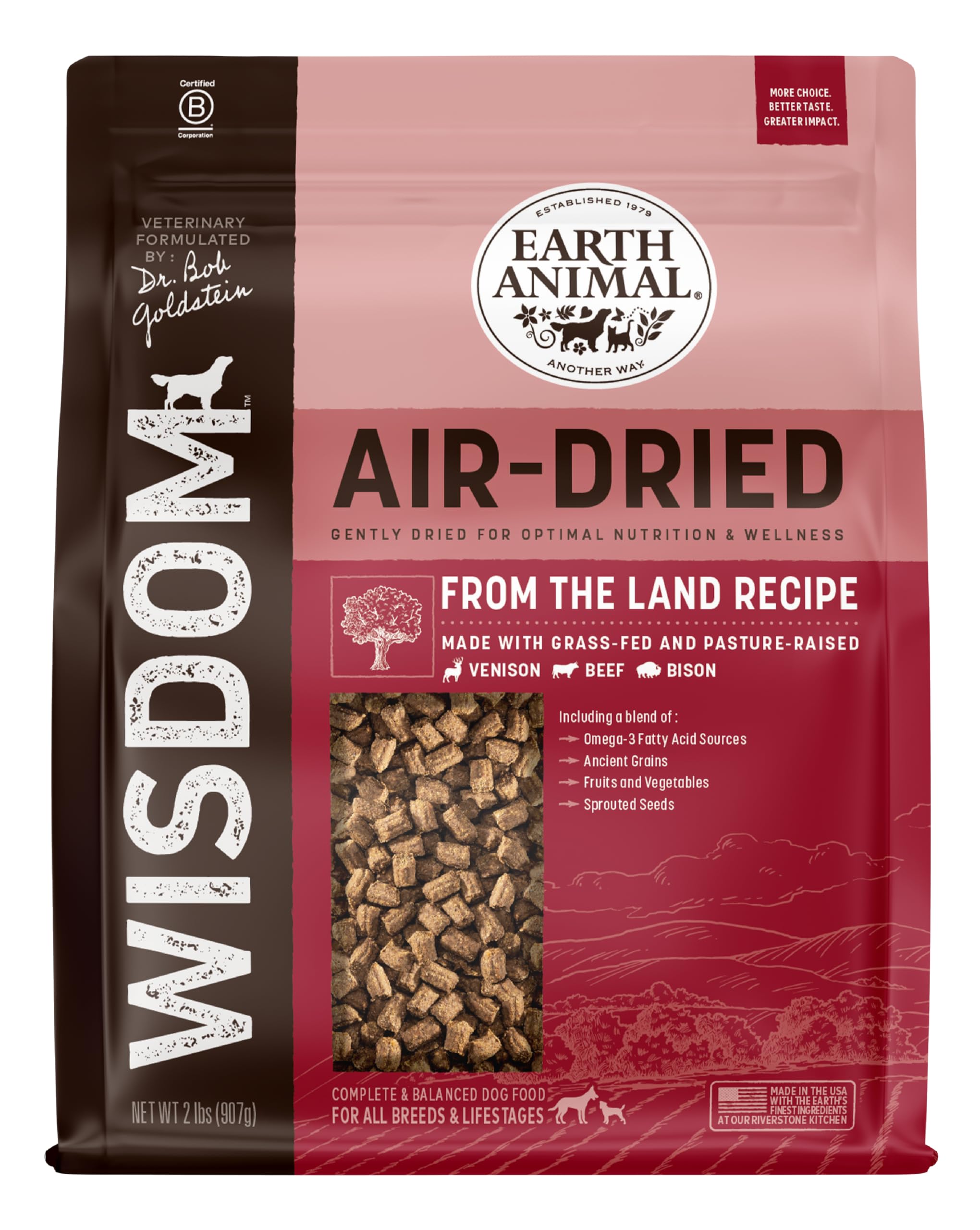Earth Animal Wisdom air-dried dog food packaging bag shows premium nutrition for convenient meals.