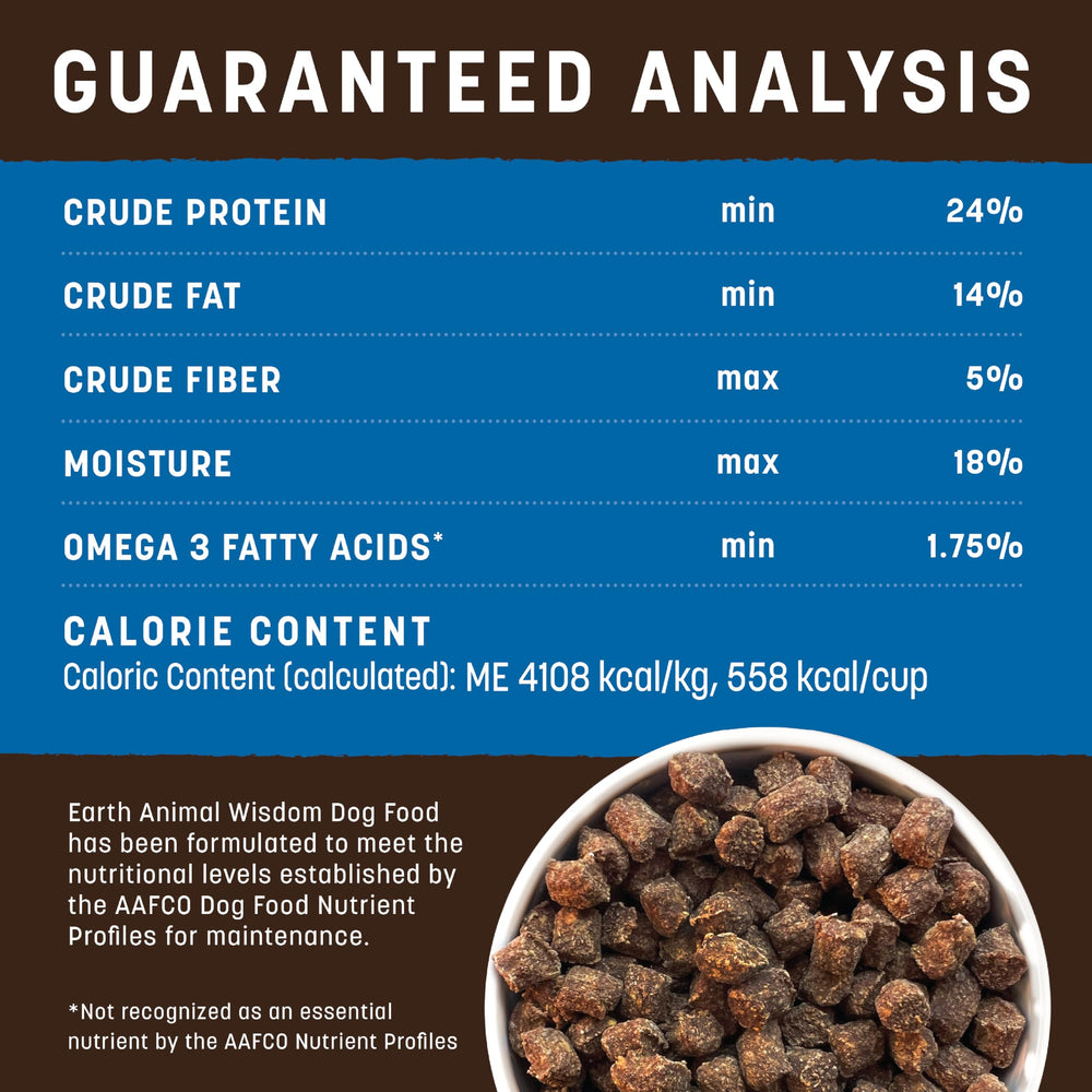 Earth Animal Wisdom Air-Dried protein sources close-up features quail, duck, goose.