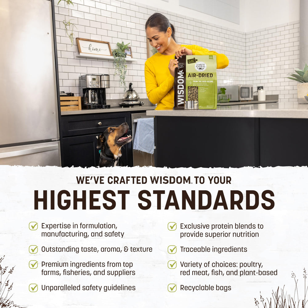 Earth Animal Wisdom seed-recipe bowl shows balanced, plant-based nutrition for versatile dog diets.