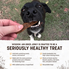 Earth Animal Wisdom Air Dried Jerky chicken ingredients panel highlights GAP rated proteins and quinoa