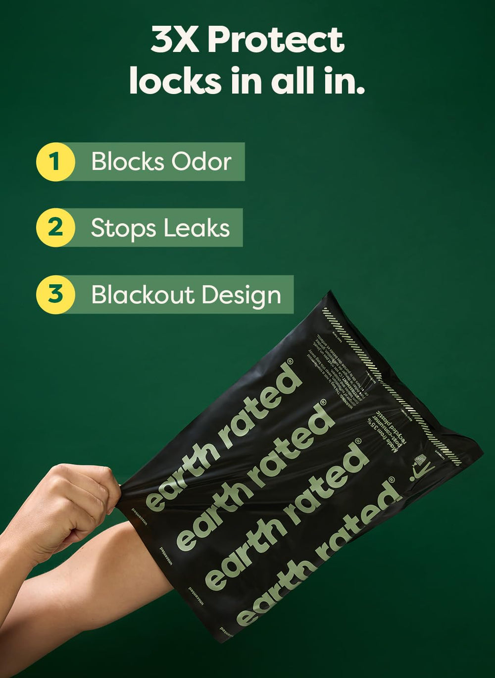 Earth Rated dispenser-compatible poop bags shown with a convenient dispenser.