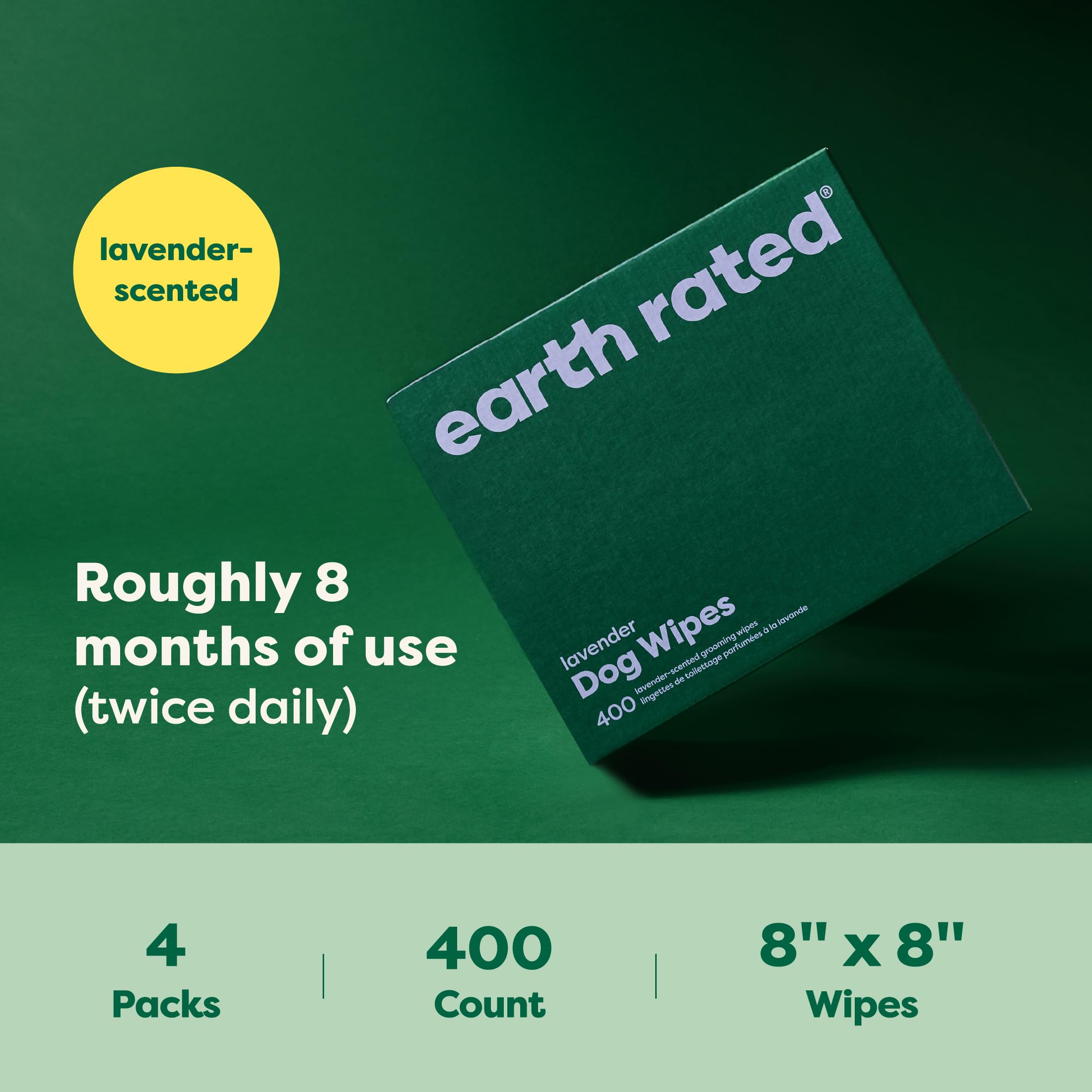 Earth Rated dog wipes 8x8 inch size shown for full-body wipe-downs