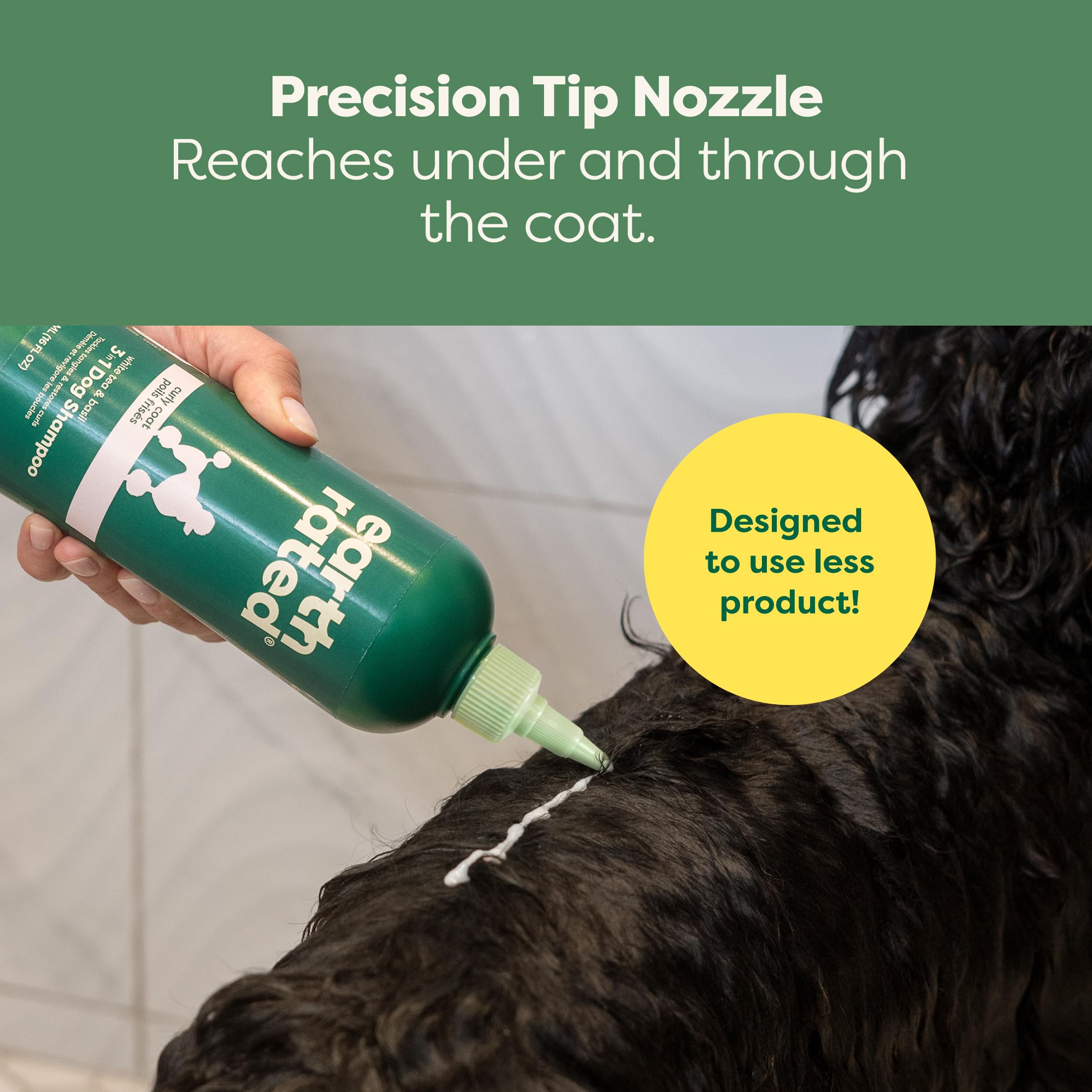 Earth Rated hypoallergenic 3-in-1 detangle dog shampoo after-bath grooming scene.