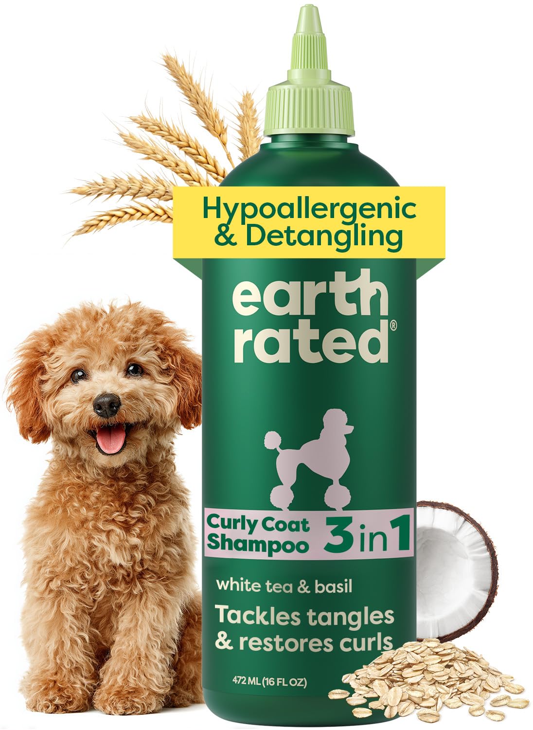 Earth Rated hypoallergenic 3-in-1 detangle dog shampoo bottle shows gentle cleansing and odor-control.