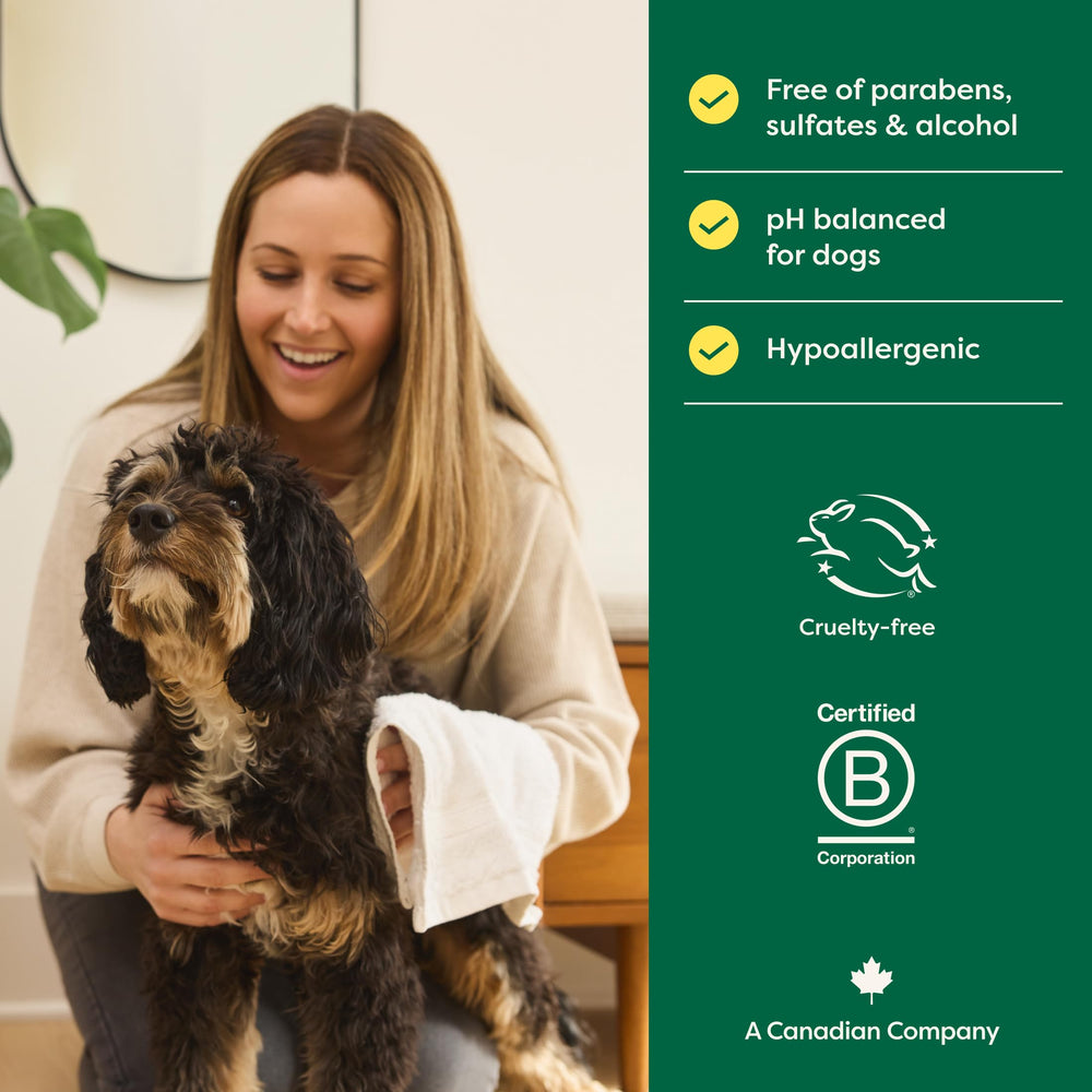 Earth Rated hypoallergenic 3-in-1 detangle dog shampoo label close-up shows natural ingredients.