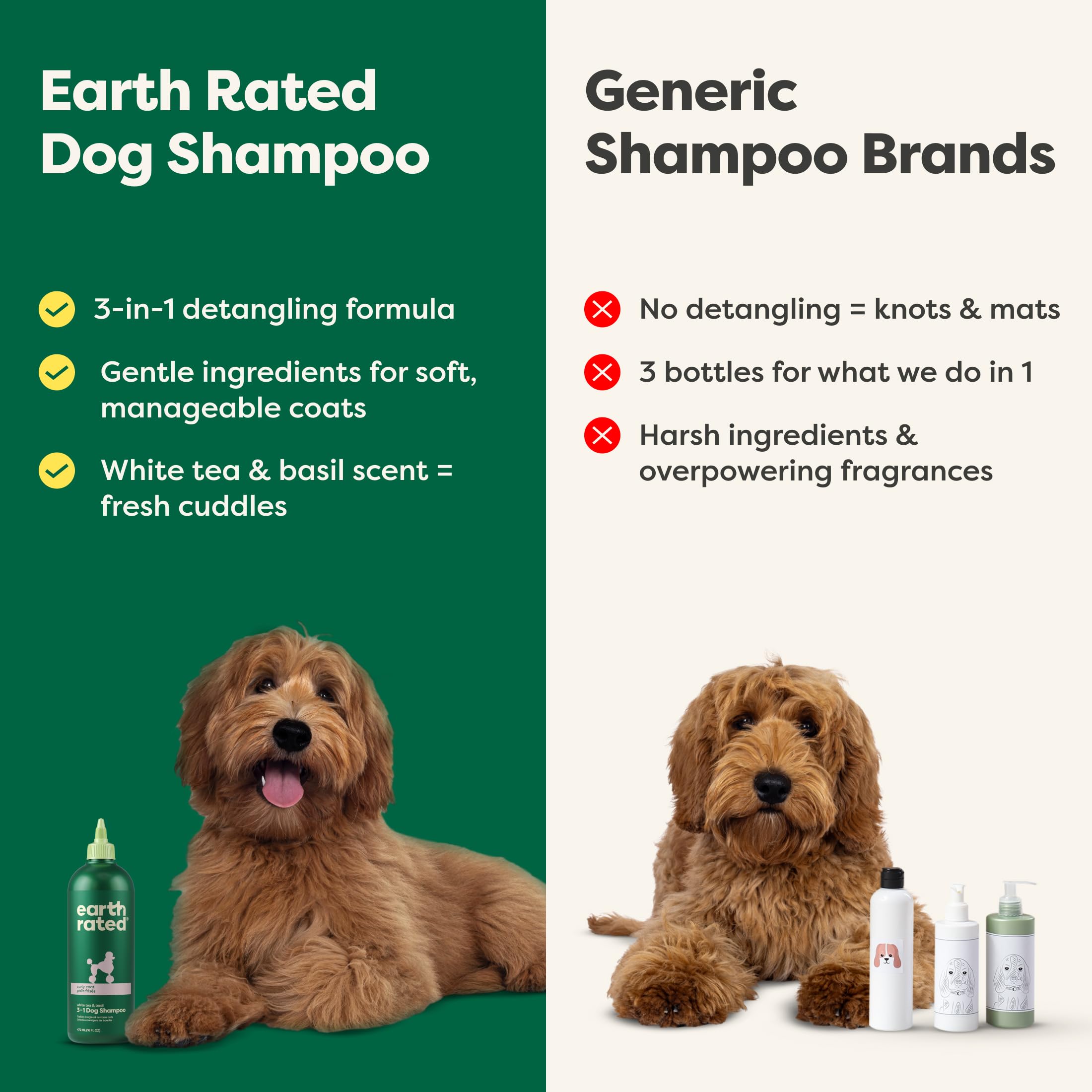 Earth Rated hypoallergenic 3-in-1 detangle dog shampoo puppy use setting illustrates gentle grooming.