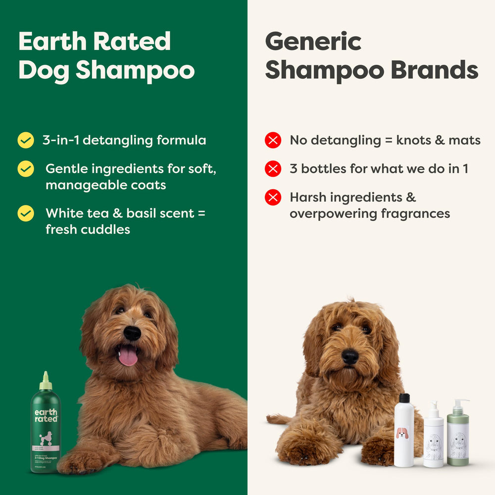 Earth Rated hypoallergenic 3-in-1 detangle dog shampoo puppy use setting illustrates gentle grooming.