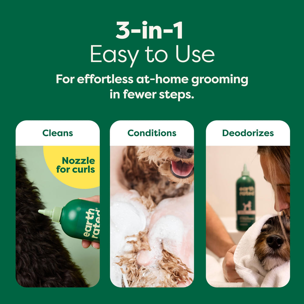 Earth Rated hypoallergenic 3-in-1 detangle dog shampoo rinse step reveals coat shine.
