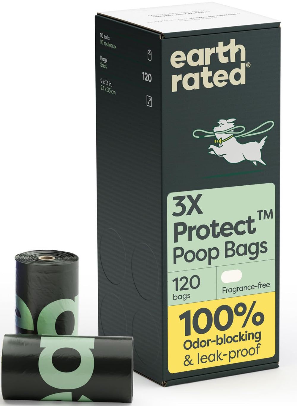 Earth Rated odor-blocking poop bags in 120-count roll conceal smells during walks.