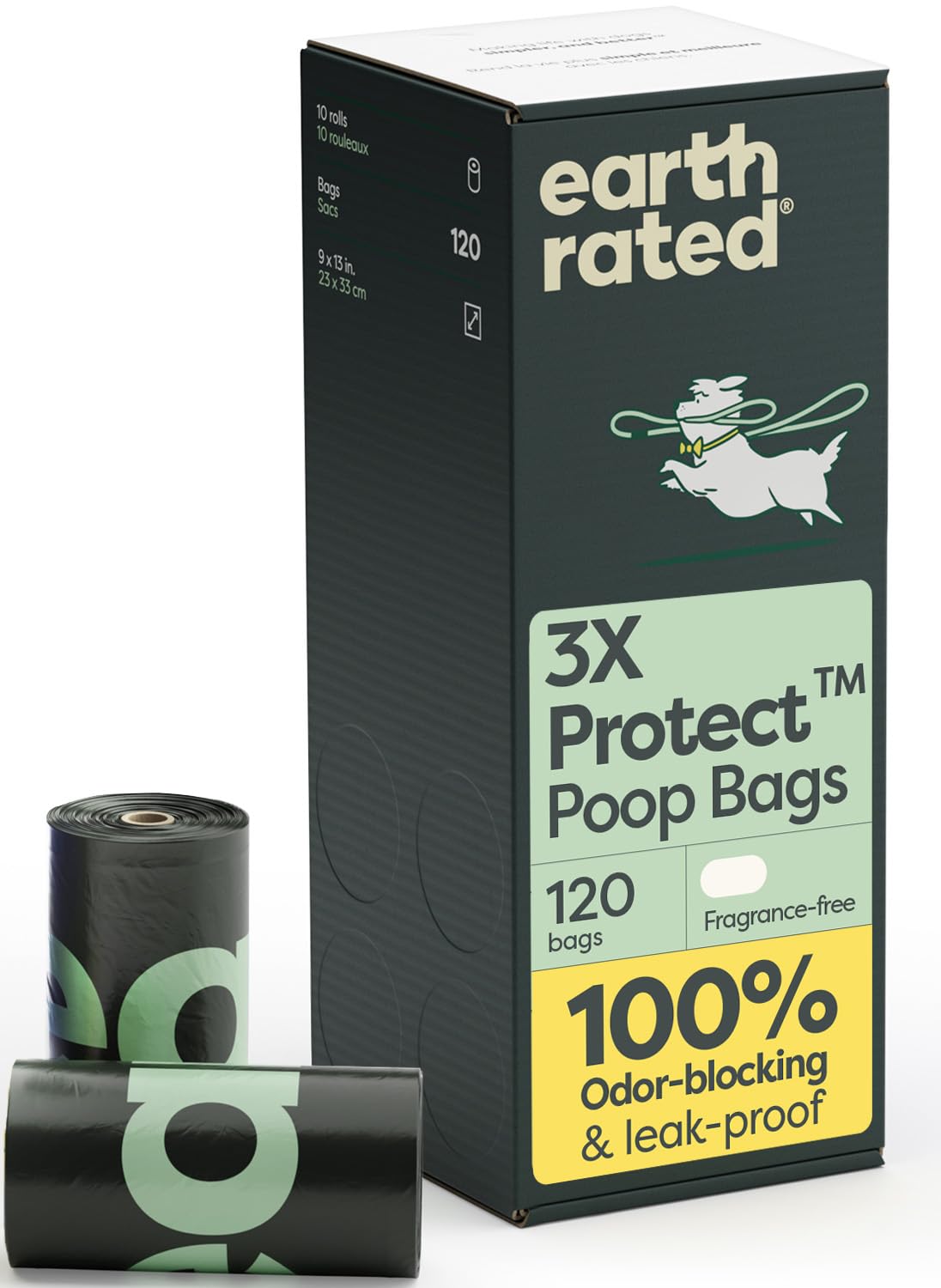 Earth Rated odor-blocking poop bags in 120-count roll conceal smells during walks.