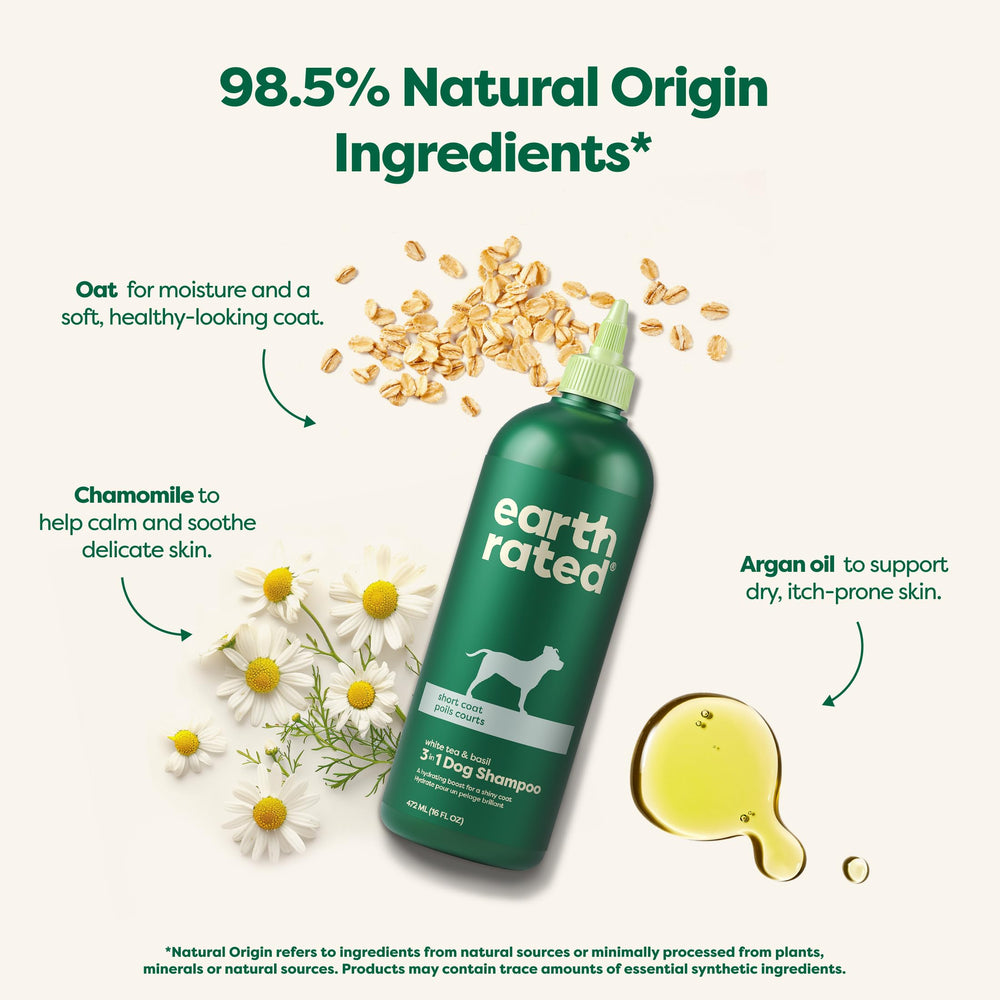 Earth Rated odor-fighting white tea basil foam for fresher-smelling dogs.