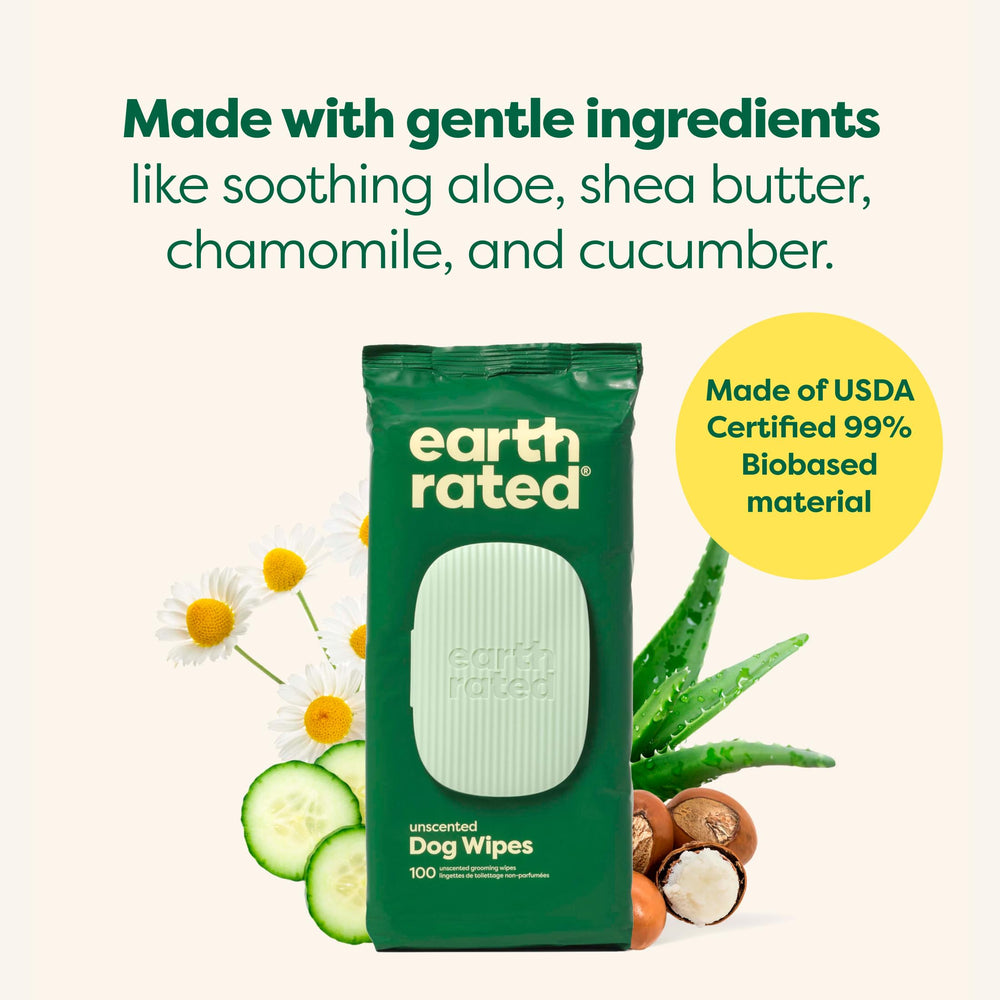 Earth Rated Pet Wipes made with 98% biobased materials—eco-conscious grooming option.