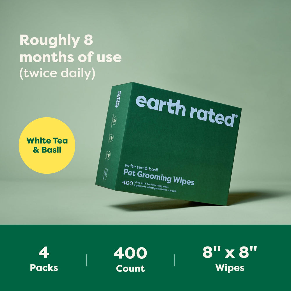 Earth Rated Pet Wipes deodorizing action on paws and body.