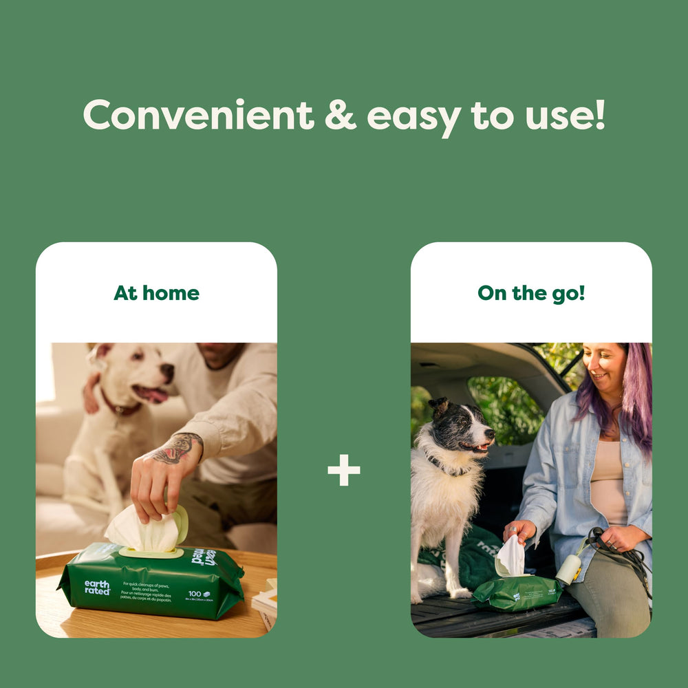 Earth Rated Pet Wipes daily-use packaging shown with grooming routine.