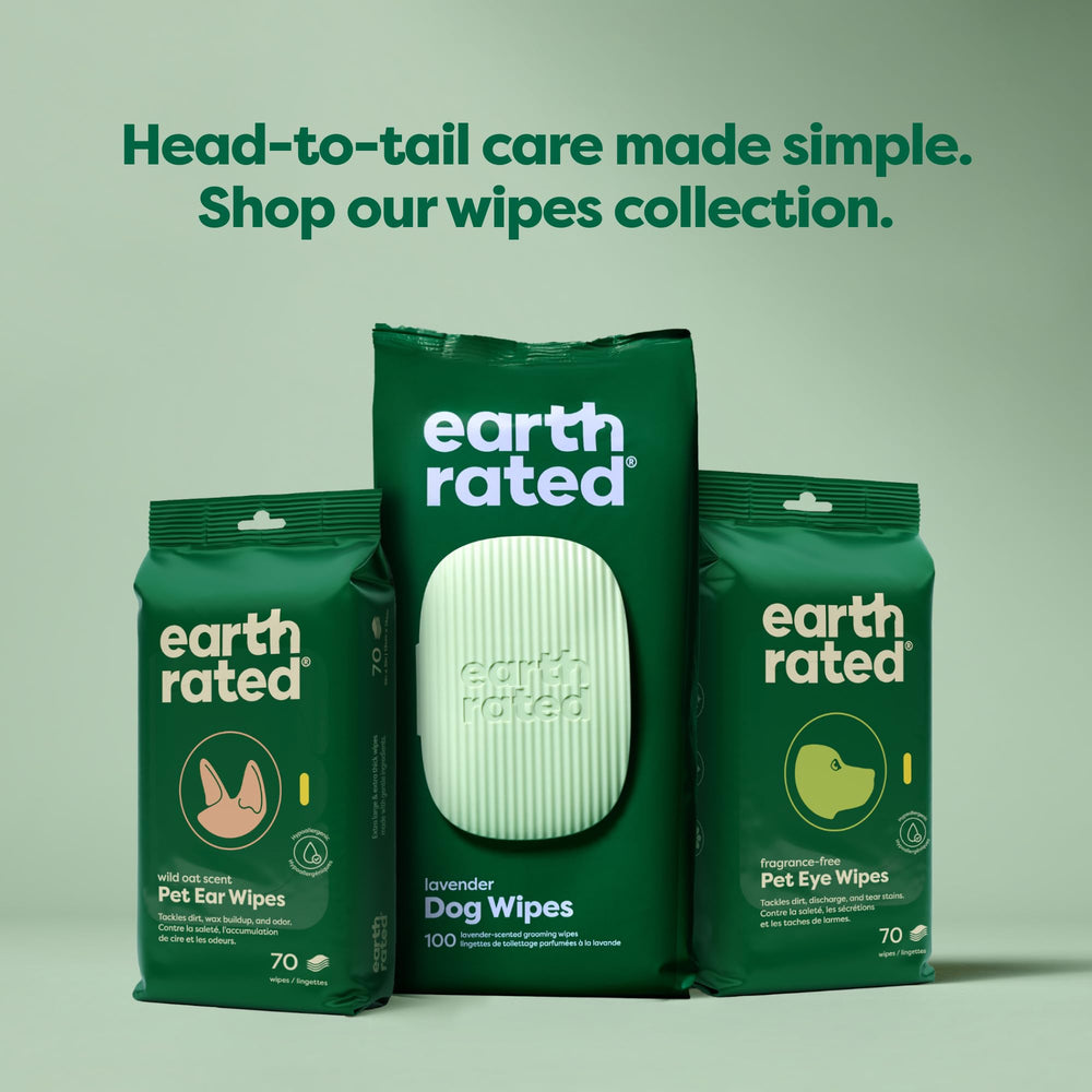 Earth Rated Pet Wipes hypoallergenic formula shown on cat grooming.
