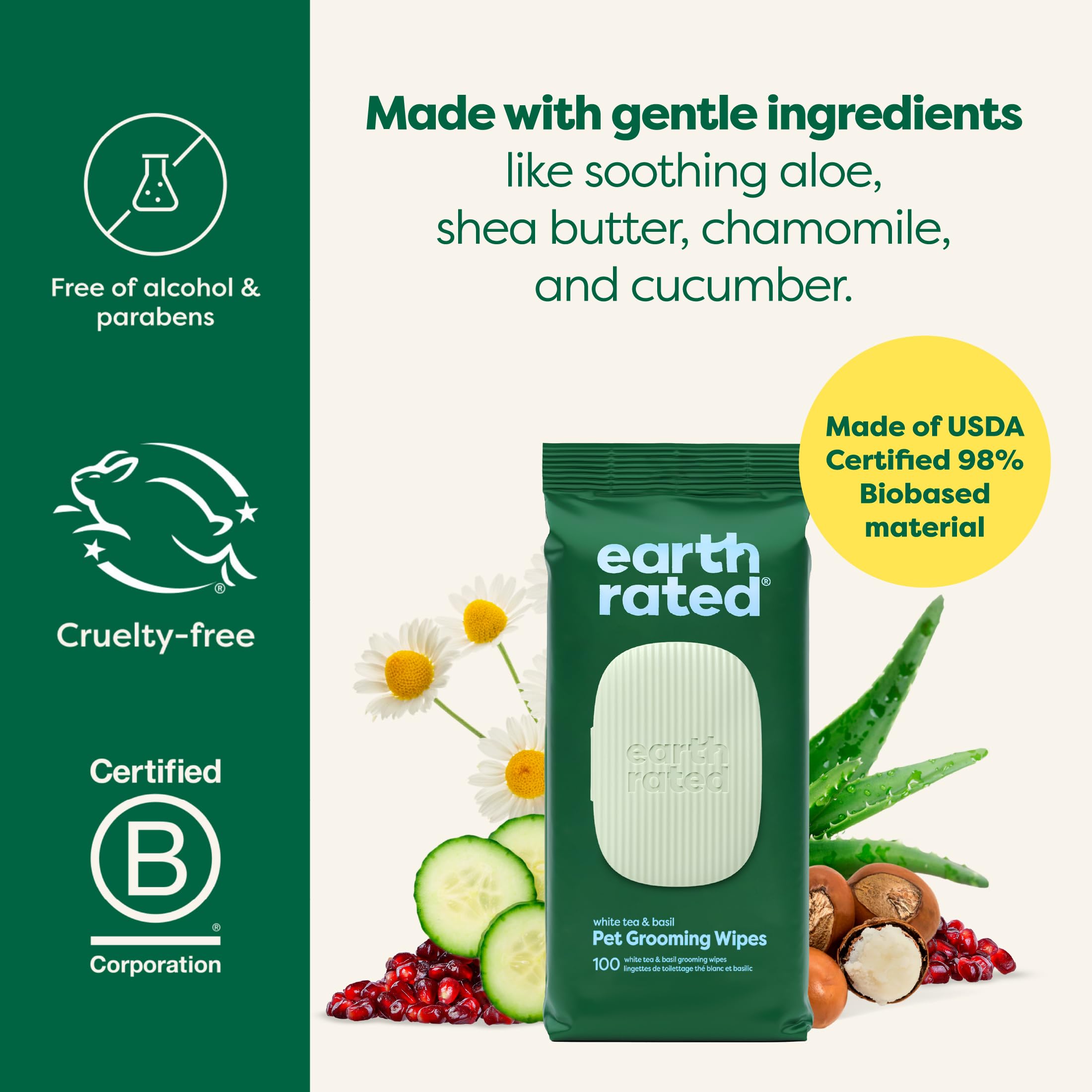 Earth Rated Pet Wipes odor-fighting formula with white tea and basil scent.