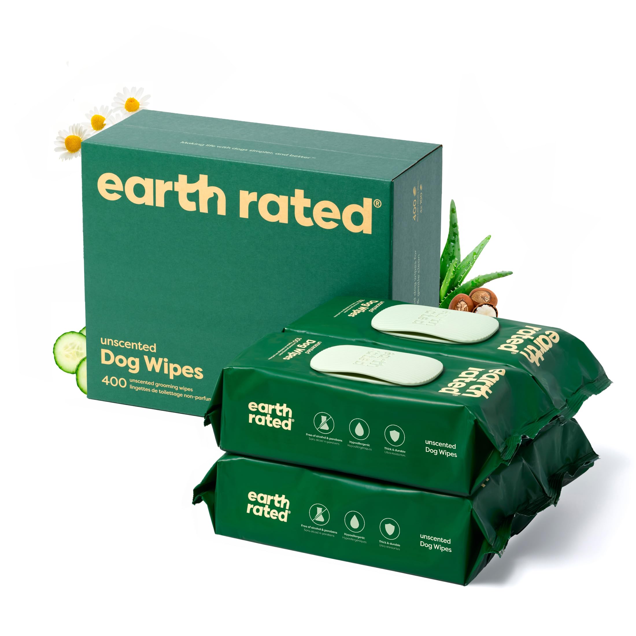 Earth Rated Pet Wipes packaging shows unscented pet use for dogs and cats
