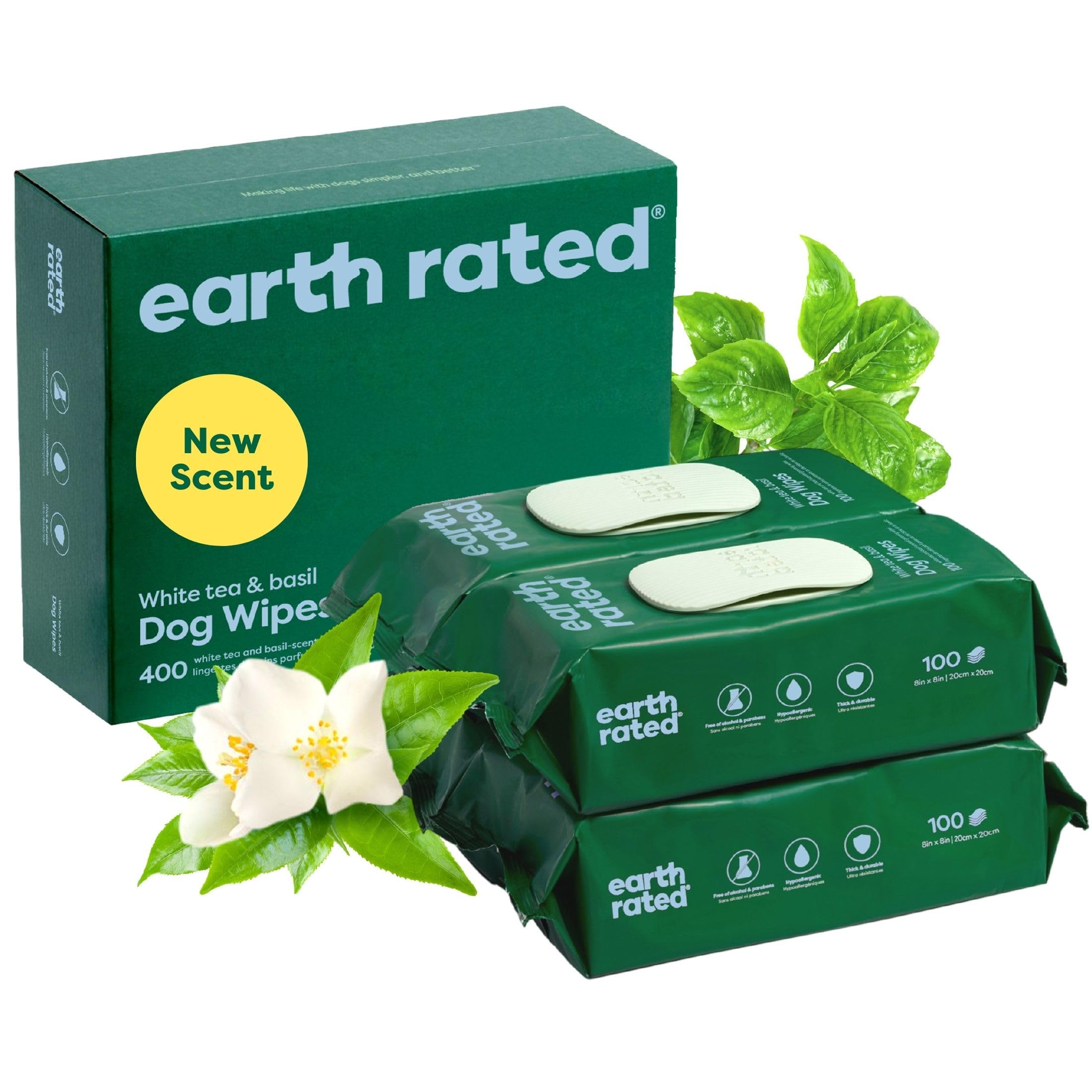 Earth Rated Pet Wipes packaging—400-count hypoallergenic wipes for dogs and cats.