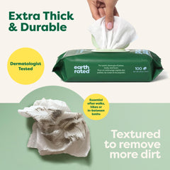 Earth Rated Pet Wipes textured surface cleans muddy paws gently.