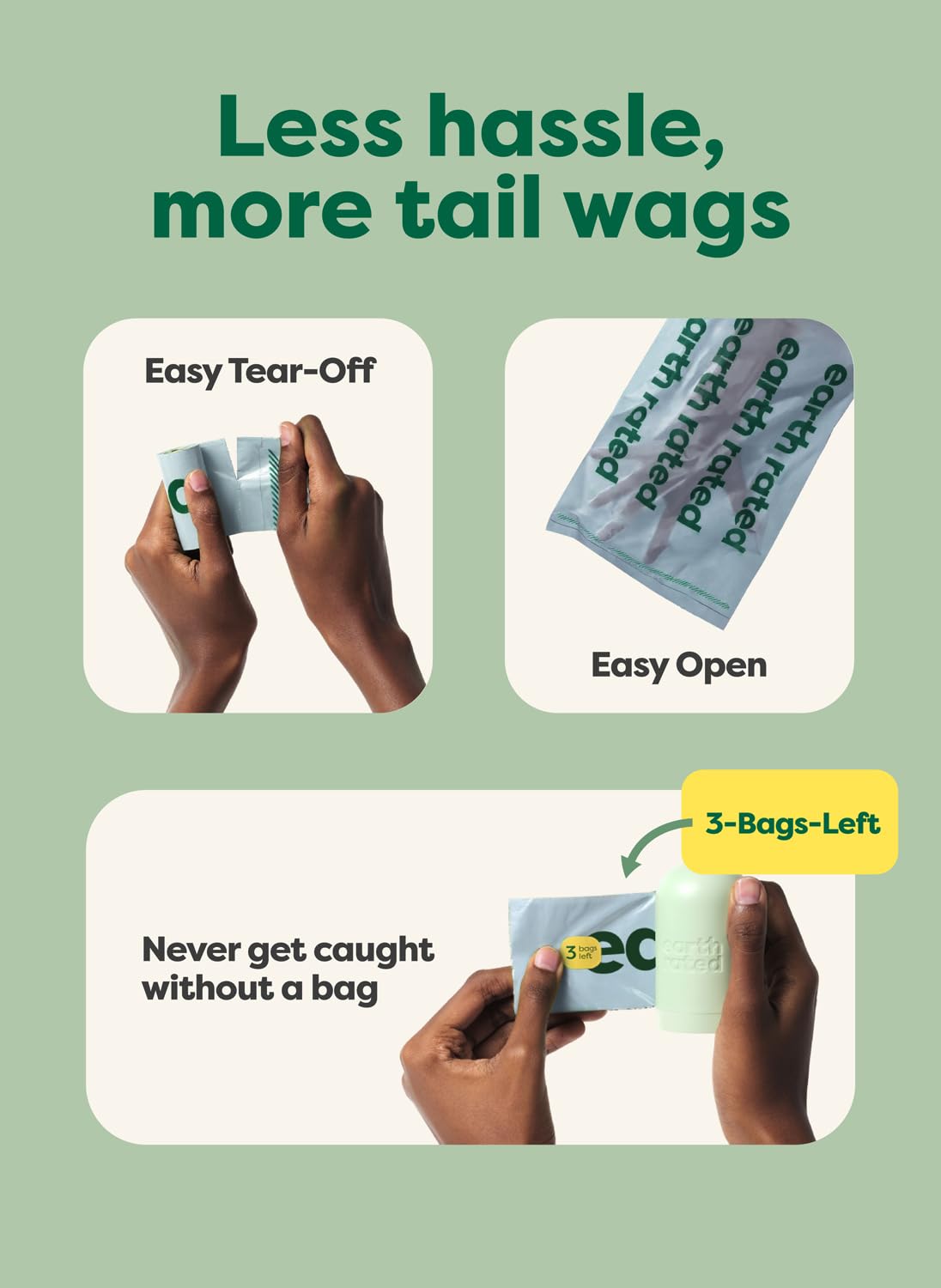 Earth Rated poop bags 13 by 9 inches feature extra-long, easy bagging for quick cleanup