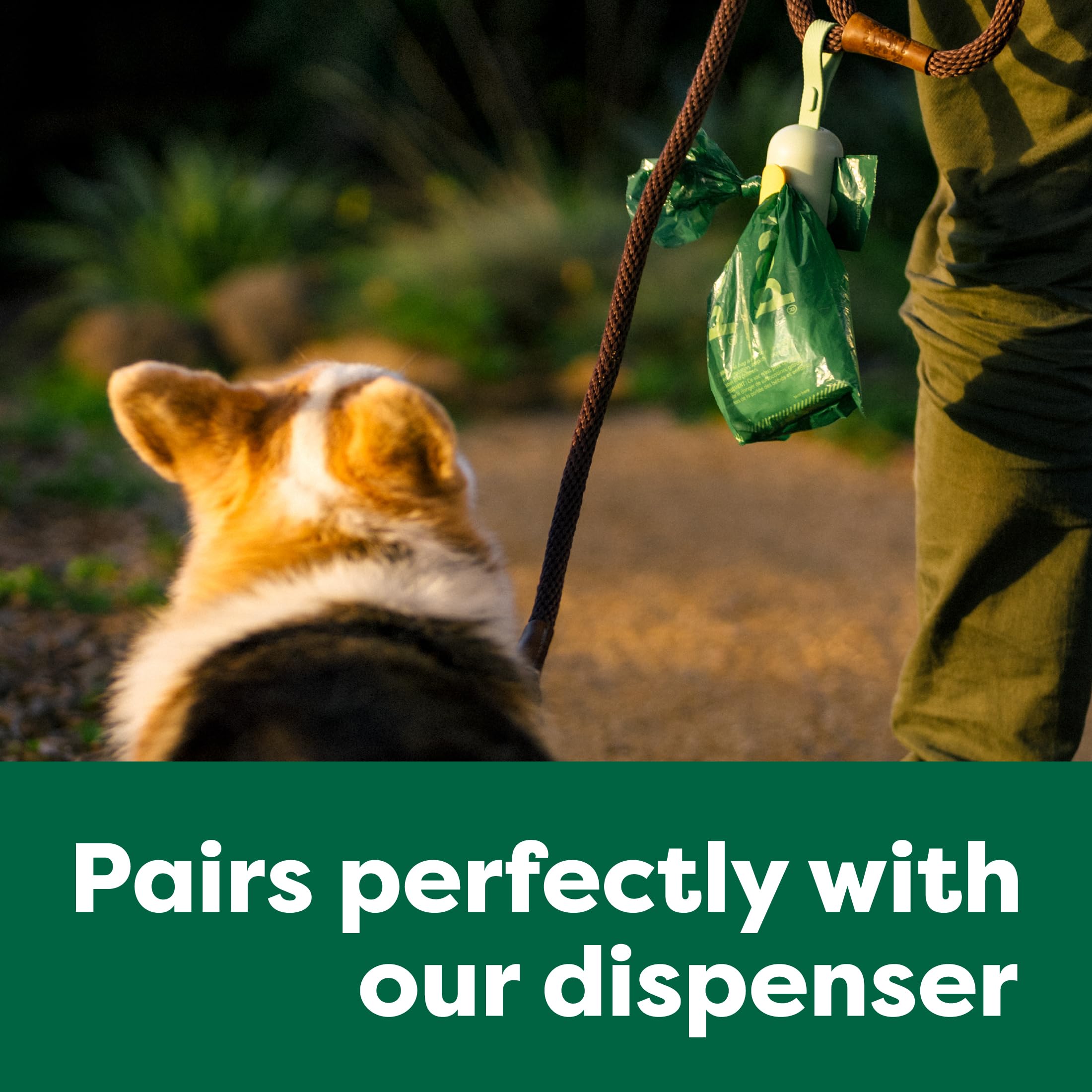 Earth Rated poop bags compatible with dispenser for quick access.