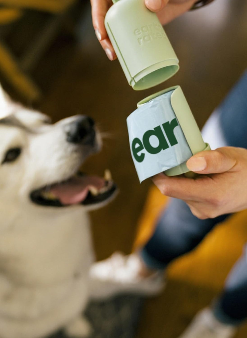 Earth Rated bags in use on a dog walk show practical cleanup