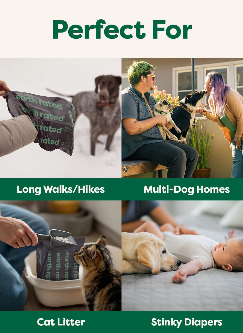 Earth Rated unscented poop bags for fragrance-free, discreet disposal.
