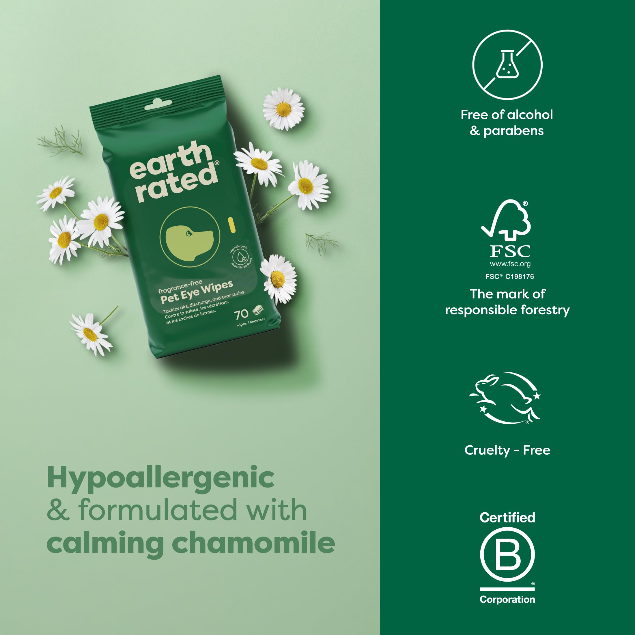 Hypoallergenic viscose fibers in Earth Rated Vet-Developed Eye Wipes for safe cleaning