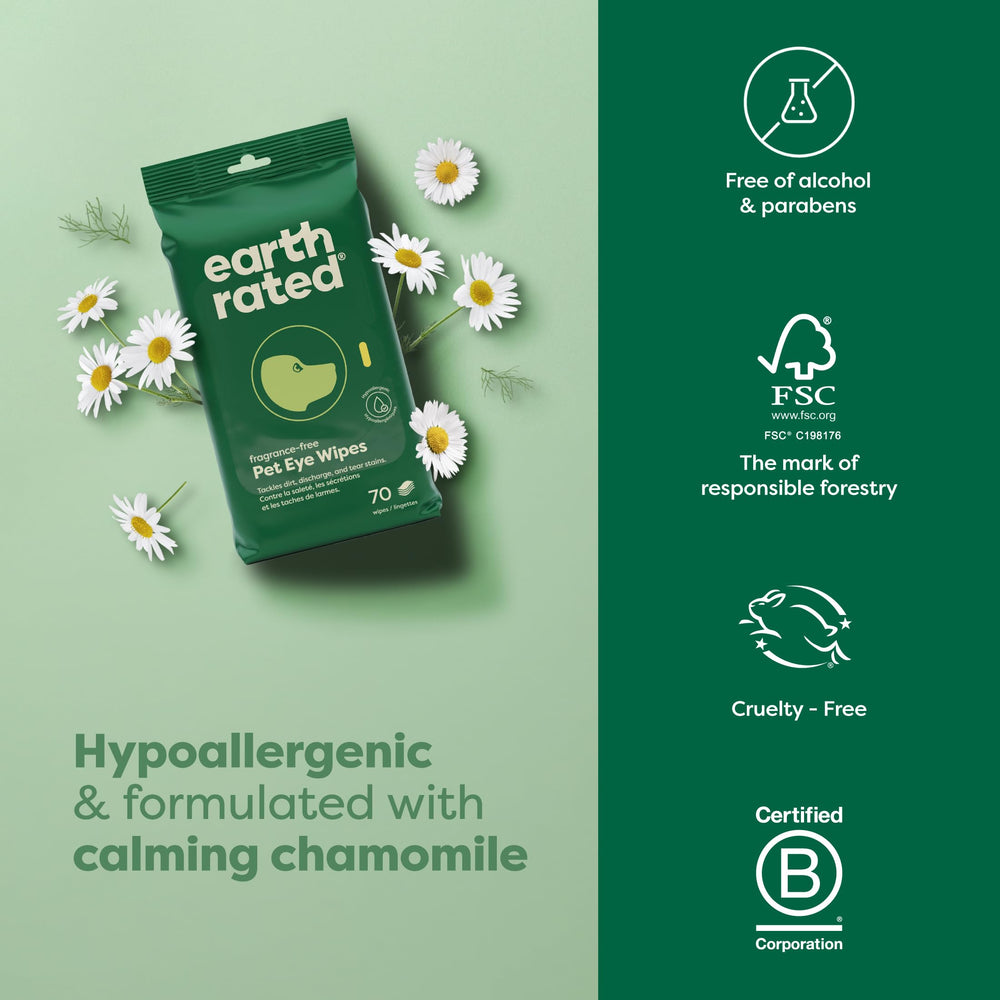 Hypoallergenic viscose fibers in Earth Rated Vet-Developed Eye Wipes for safe cleaning