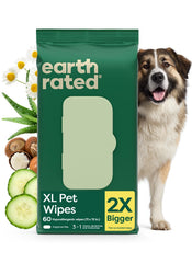Earth Rated XL Pet Wipes package front shows size and eco-friendly packaging for large messes
