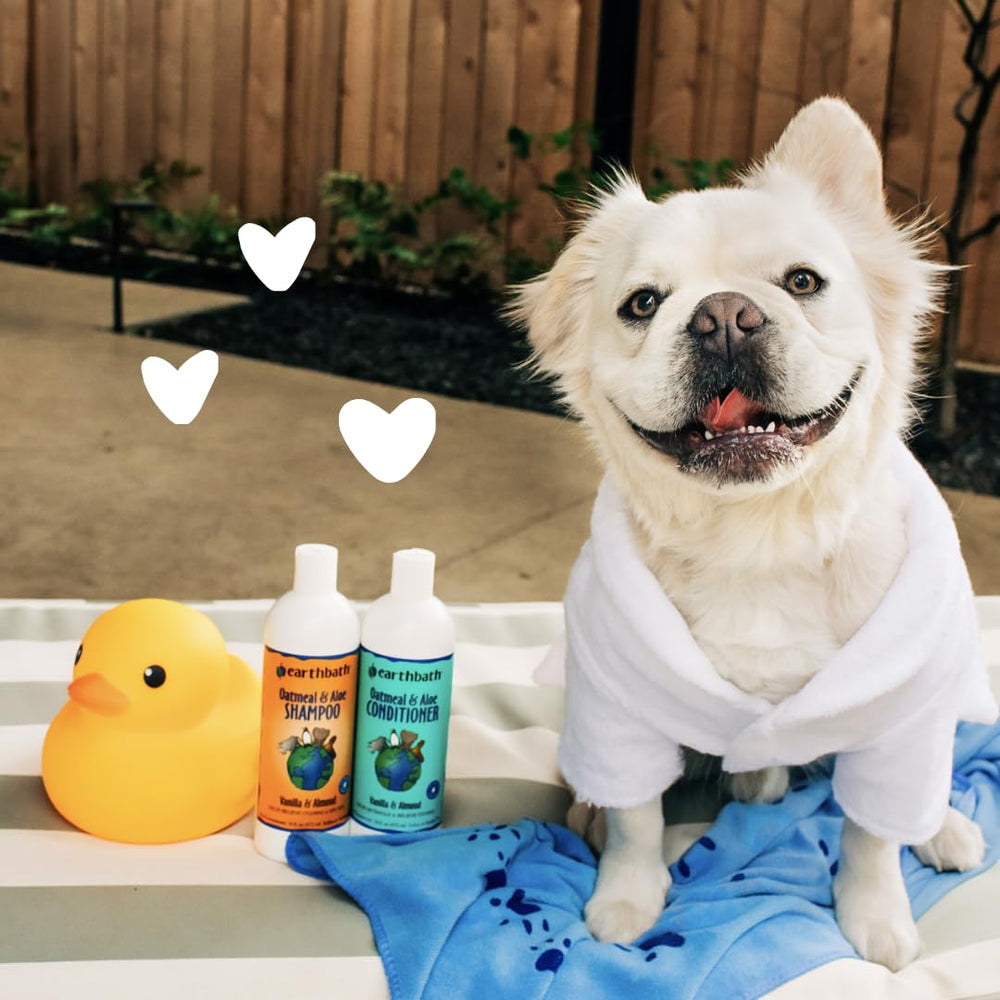 Dog enjoys bath with Earthbath shampoo producing rich lather and easy rinse