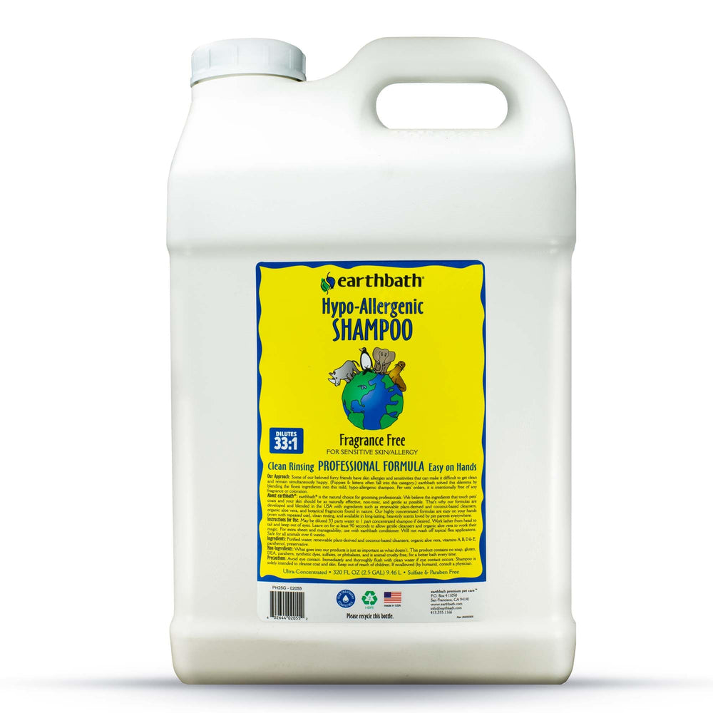 Earthbath hypoallergenic dog shampoo bottle—bulk 2.5 gal for sensitive-skin care.