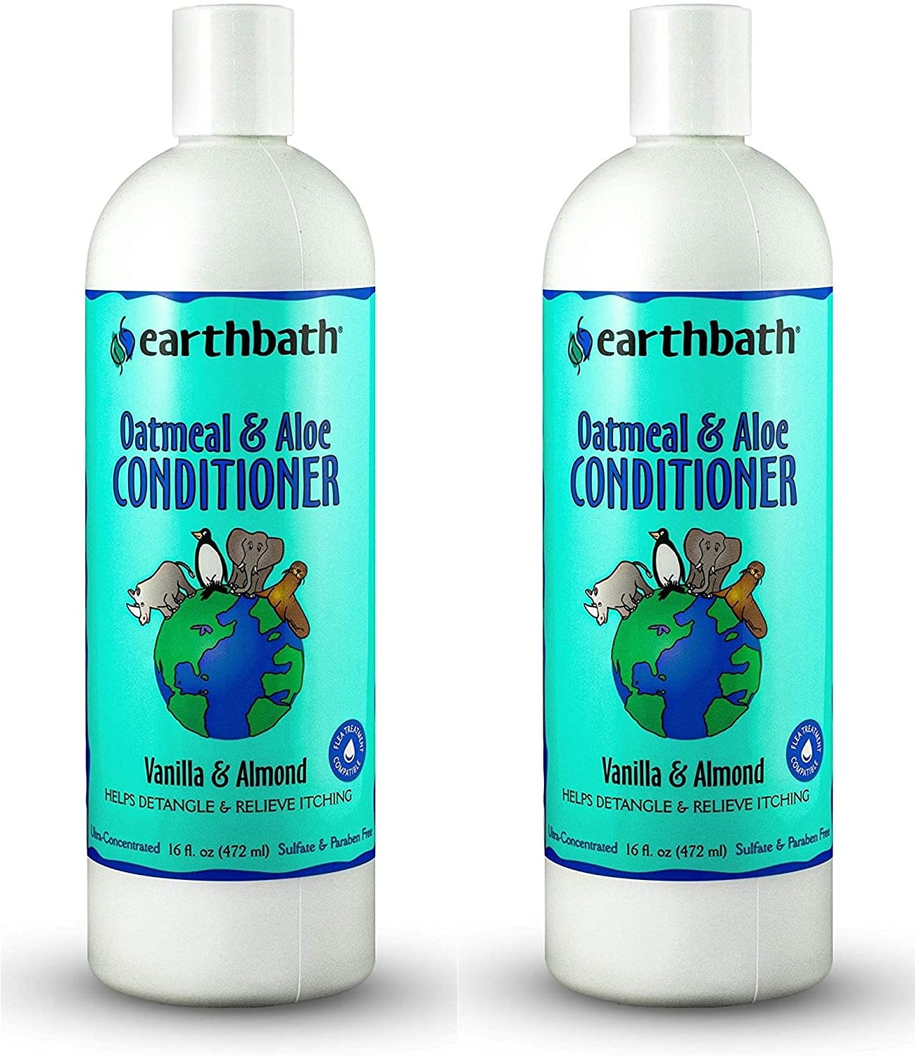 earthbath Oatmeal & Aloe Conditioner bottle pour demonstrates gentle detangling for irritated skin during baths