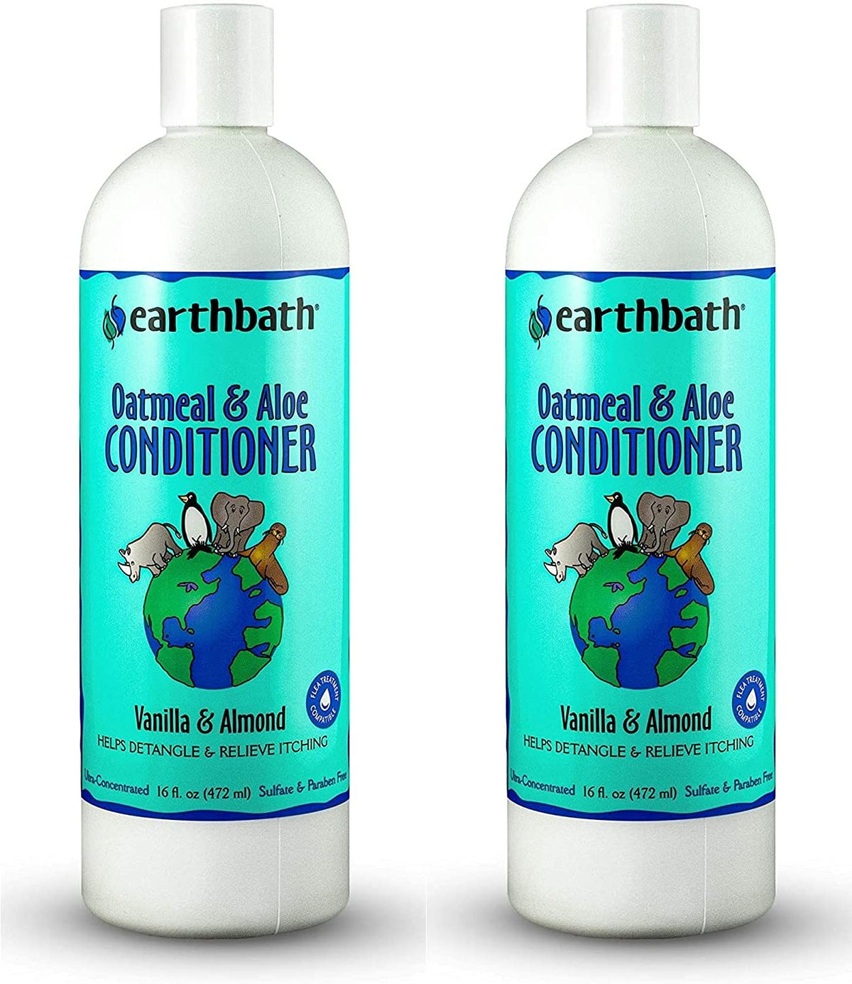 earthbath Oatmeal & Aloe Conditioner bottle pour demonstrates gentle detangling for irritated skin during baths