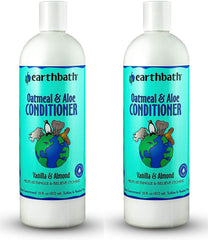 earthbath Oatmeal & Aloe Conditioner bottle pour demonstrates gentle detangling for irritated skin during baths