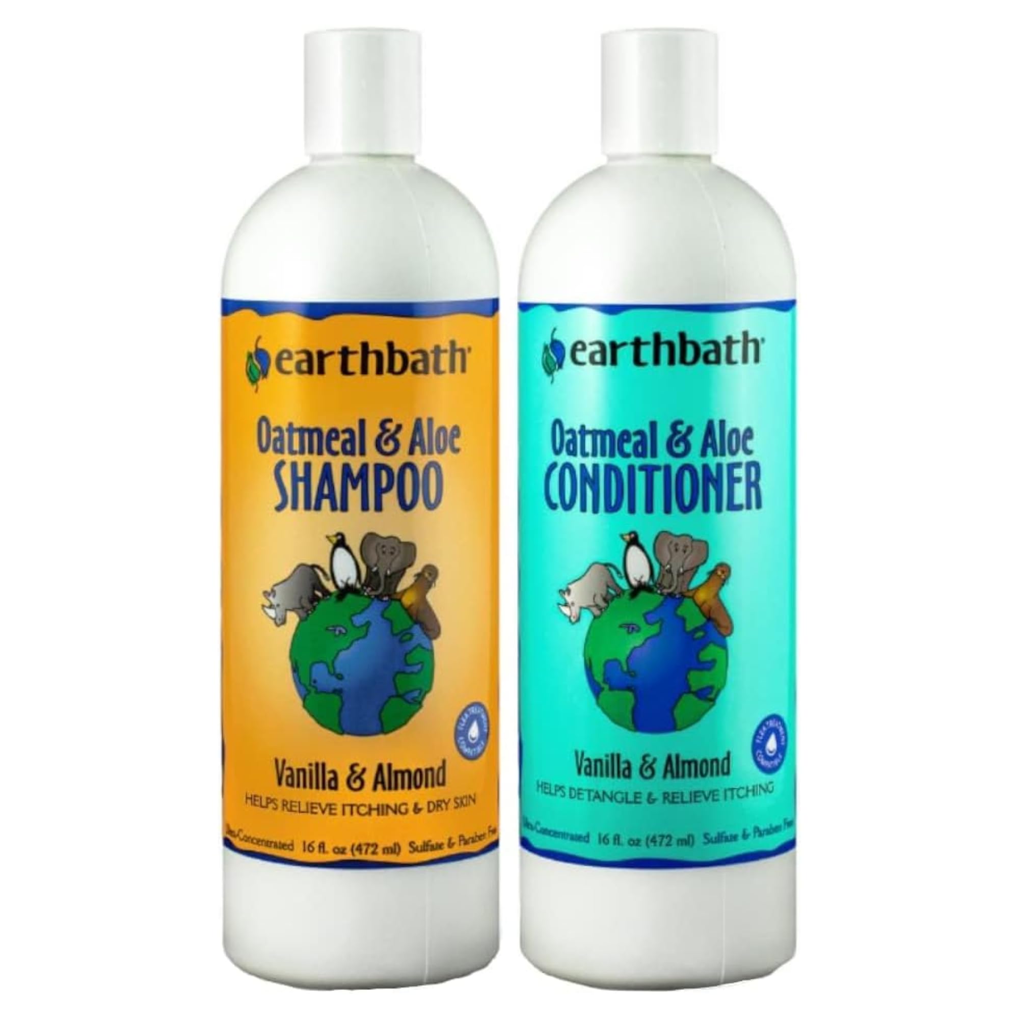 Earthbath Oatmeal & Aloe dog shampoo bottle shows soothing formula for itchy skin during baths