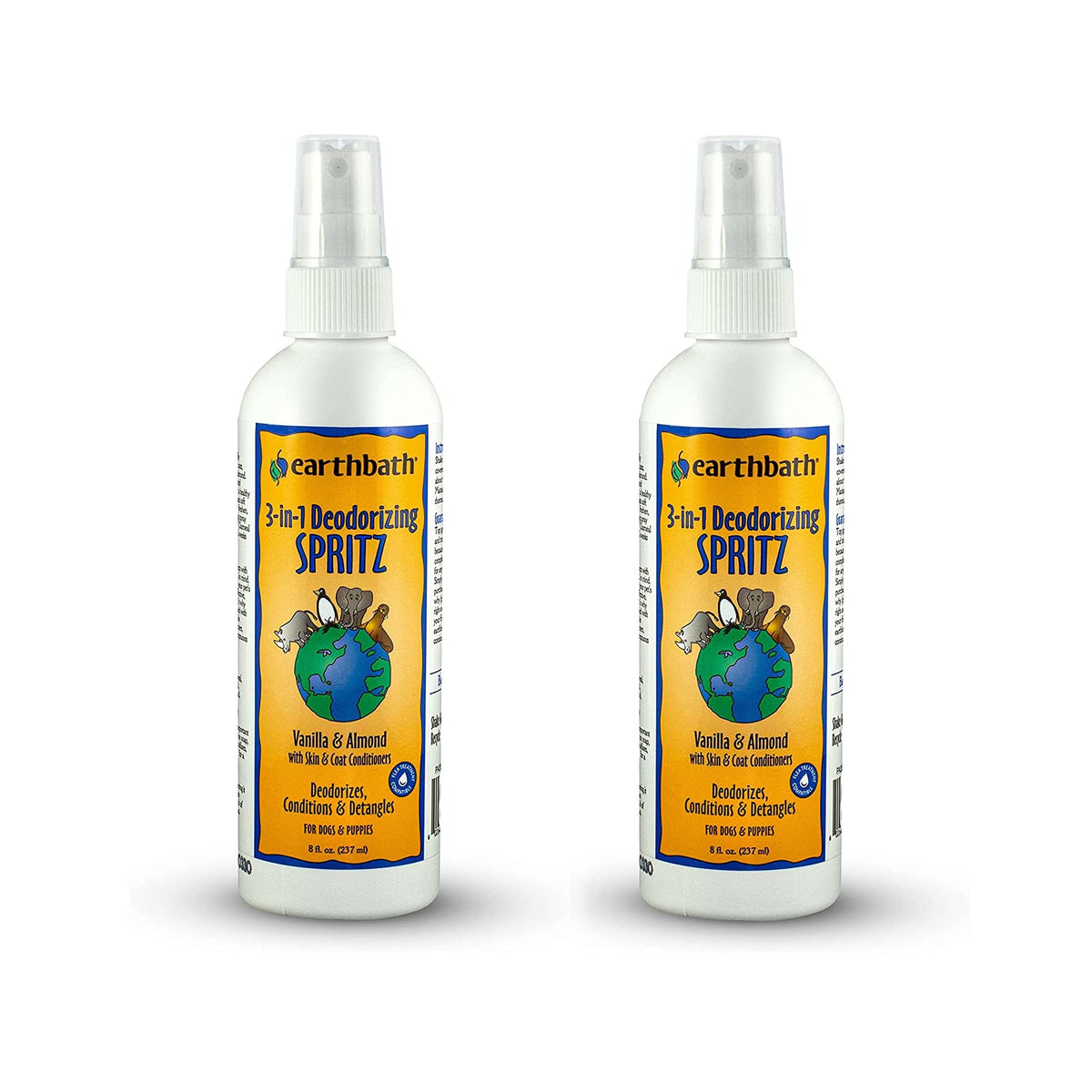 earthbath Vanilla & Almond 3-in-1 spritz pack shot for odor control and conditioning.
