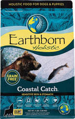 Earthborn Coastal Catch bag front highlighting grain-free recipe for active dogs