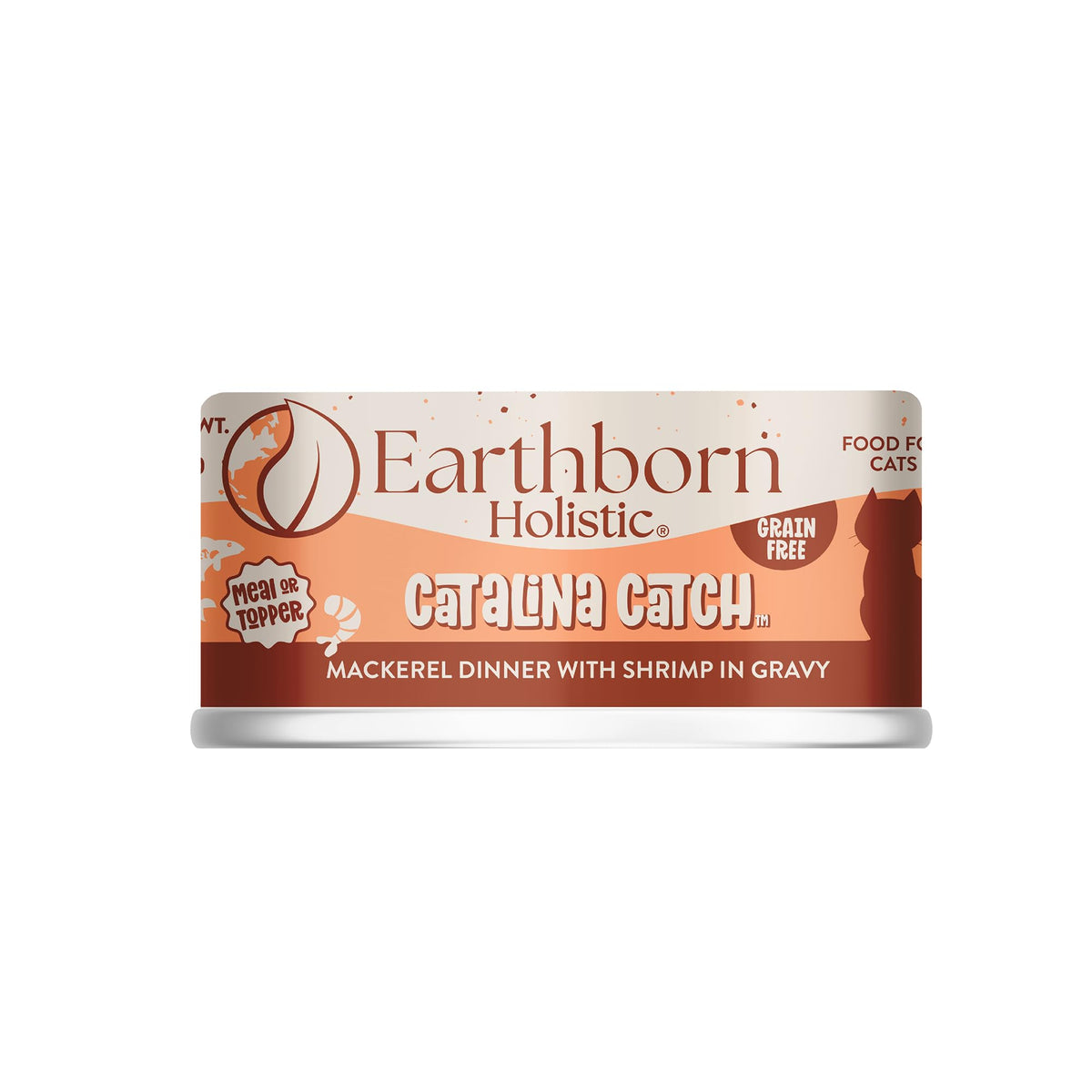 Earthborn Holistic Catalina Catch grain-free moist cat food can closeup highlighting high-quality fish protein
