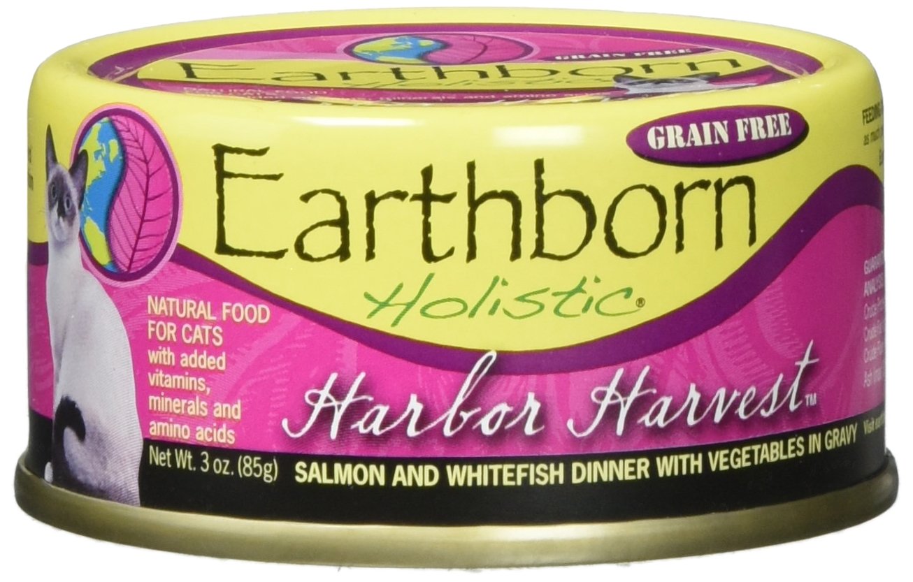 Earthborn Holistic Harbor Harvest label on 3oz can highlighting grain-free formula