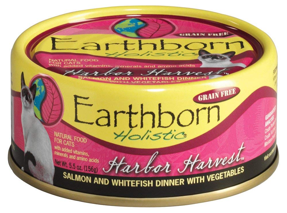 Earthborn Holistic Harbor Harvest canned cat food case of 24, grain-free protein option.