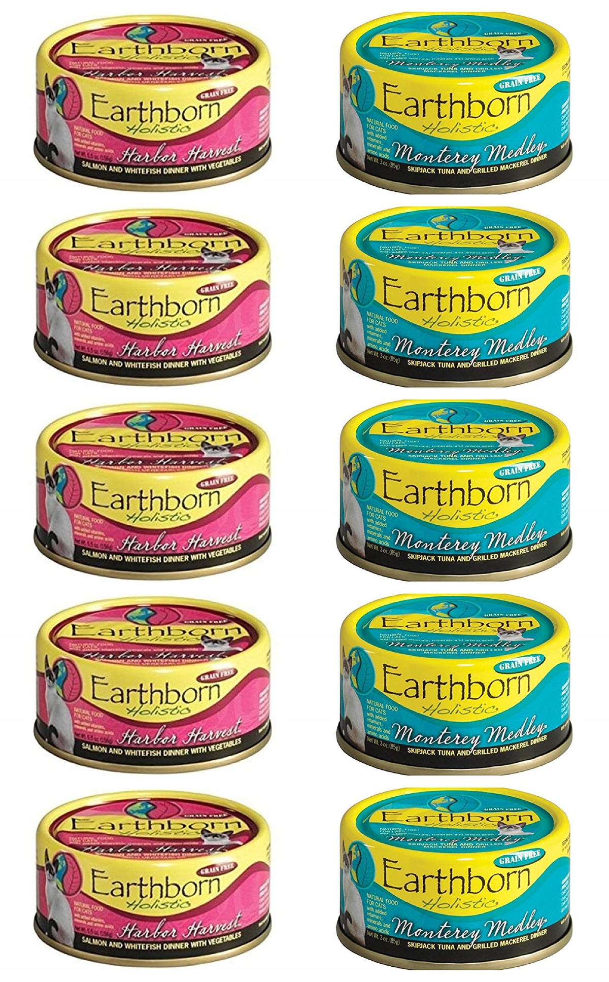 Earthborn Holistic Harbor Harvest packaging highlights grain free nutrition for cats