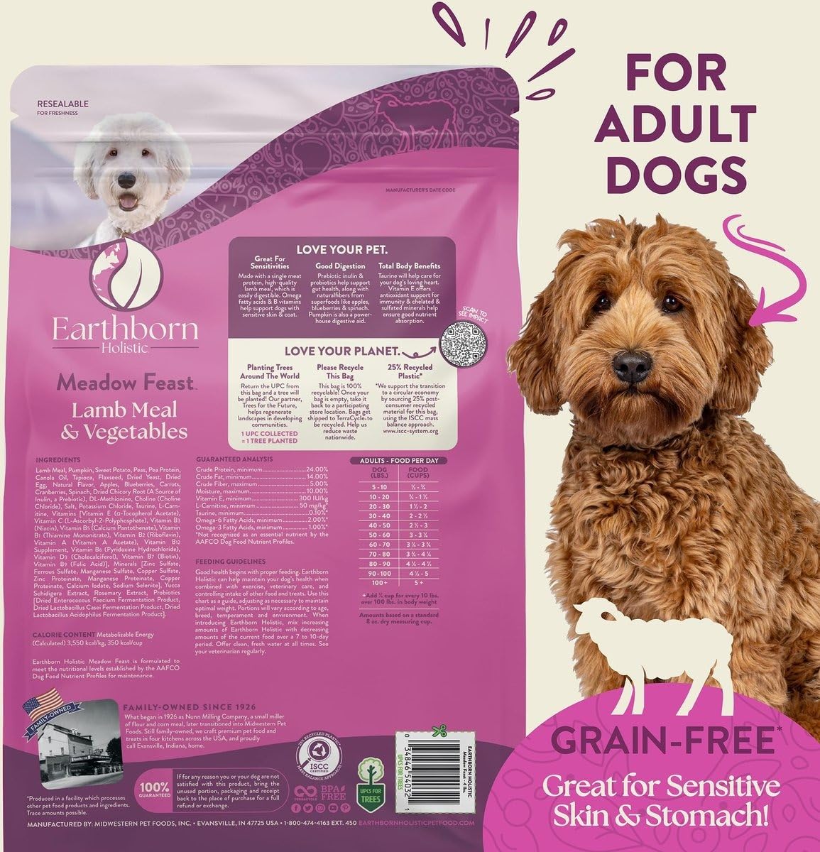 Earthborn Holistic Meadow Feast lamb meal ingredient close-up highlighting high-quality protein
