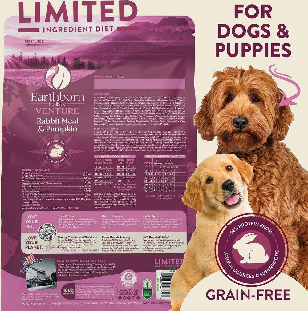 Earthborn Holistic Venture grain-free kibble close-up demonstrates a digestible formula for dogs with sensitive stomachs