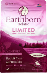 Earthborn Holistic Venture rabbit meal pumpkin bag highlights a limited-ingredient recipe suitable for sensitive dogs