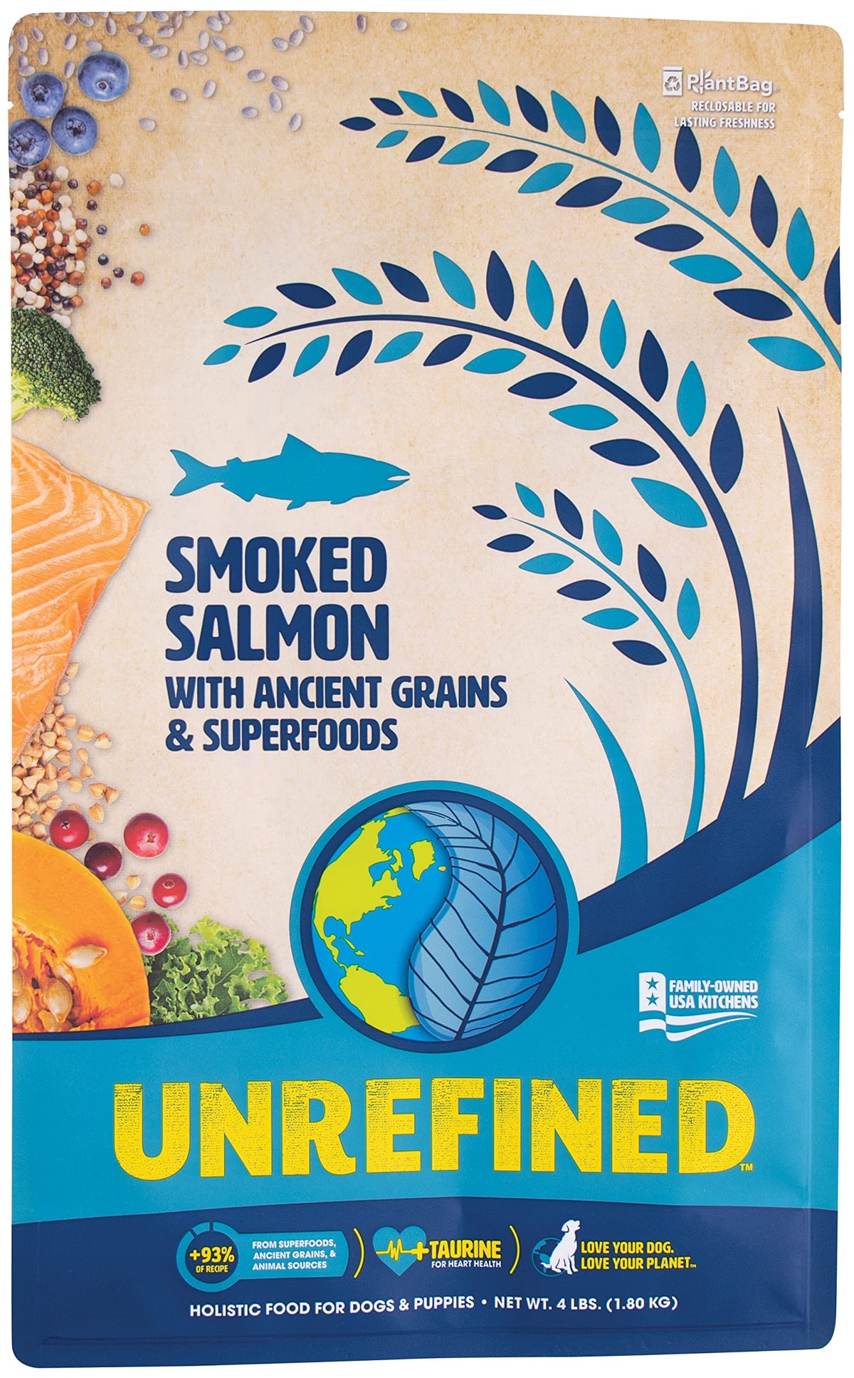 Earthborn Holistic Venture unrefined smoked salmon ingredient bowl showing protein-rich meal option.