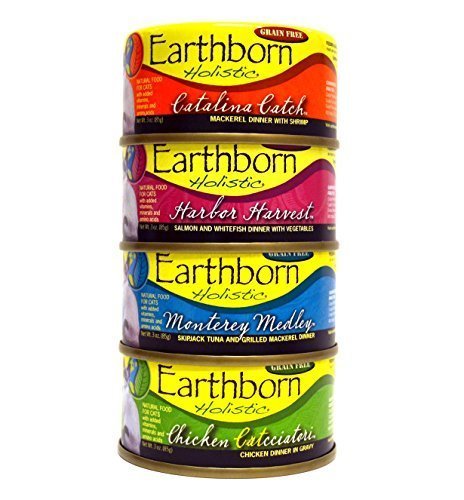 Earthborn Holistic wet cat food variety-pack cans displaying four flavors for hydration and balanced nutrition