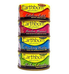 Earthborn Holistic wet cat food variety-pack cans displaying four flavors for hydration and balanced nutrition