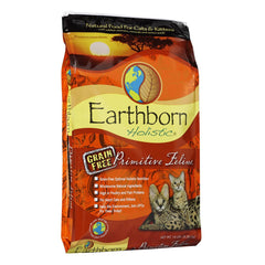 Earthborn Primitive Feline bag closeup shows grain-free, protein-rich cat food.